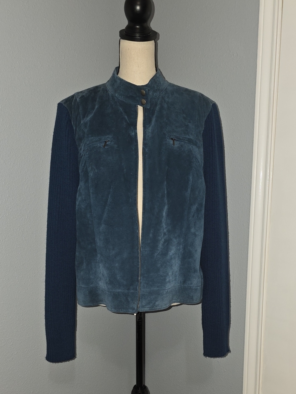 Alfani Blue Suede Front Knit Sleeve Jacket Sz XL
